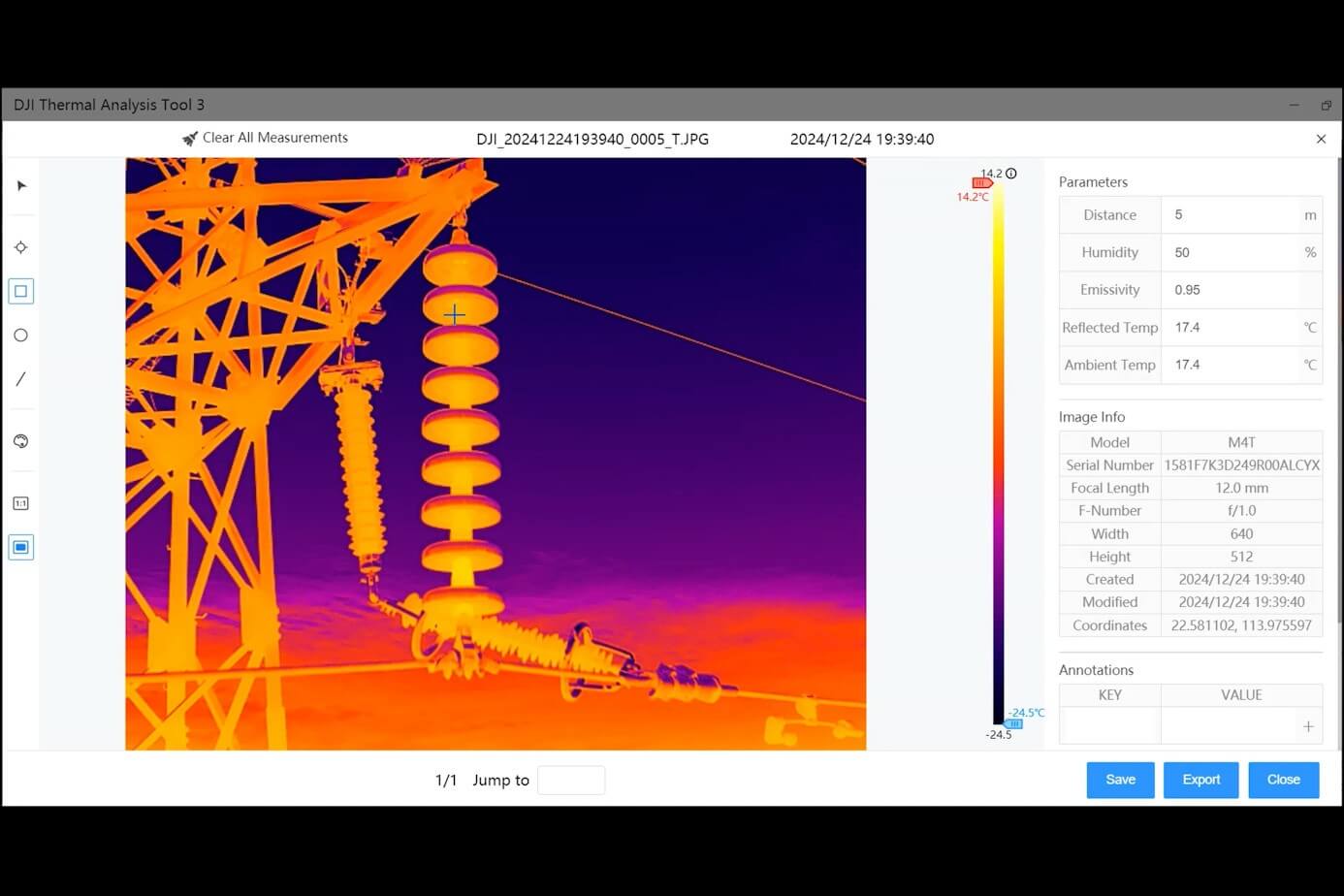 Image thermique en couleurs d’une installation électrique prise avec le Matrice 4T, analysée dans DJI Thermal Analysis Tool
