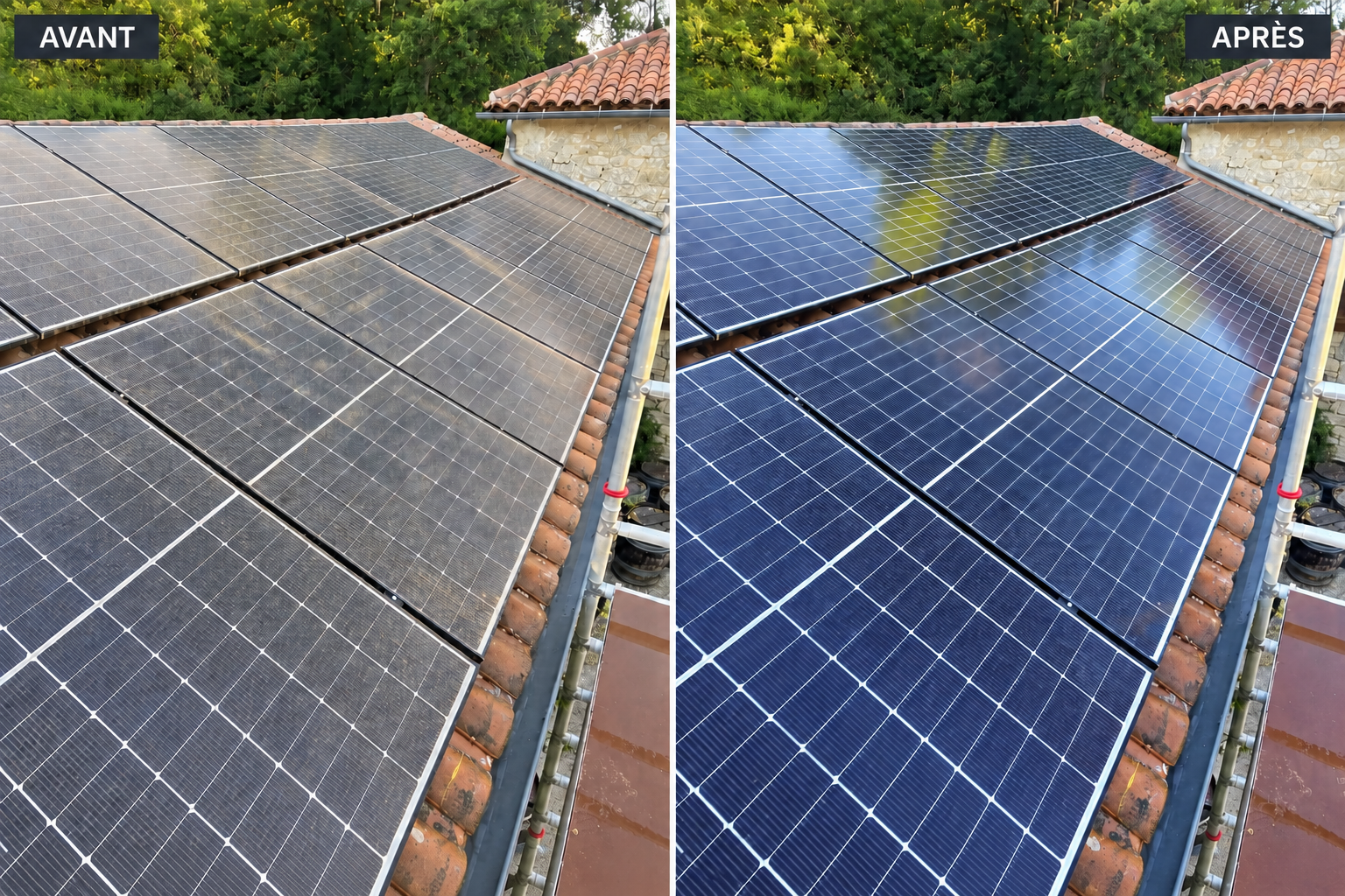 Comparaison illustrative de panneaux photovoltaïques : salissures simulées à gauche et panneaux propres à droite